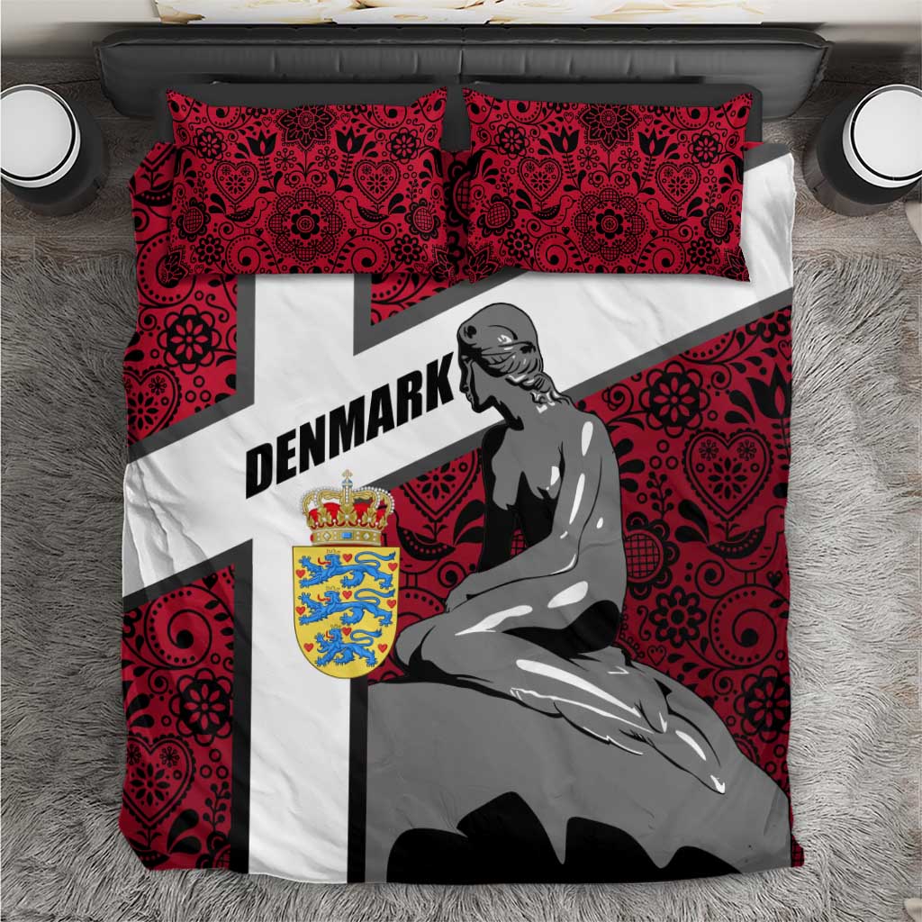 Denmark Bedding Set with The Little Mermaid Statue, Danish Folk Patterns, National Heritage Pride