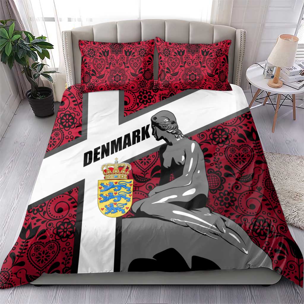 Denmark Bedding Set with The Little Mermaid Statue, Danish Folk Patterns, National Heritage Pride