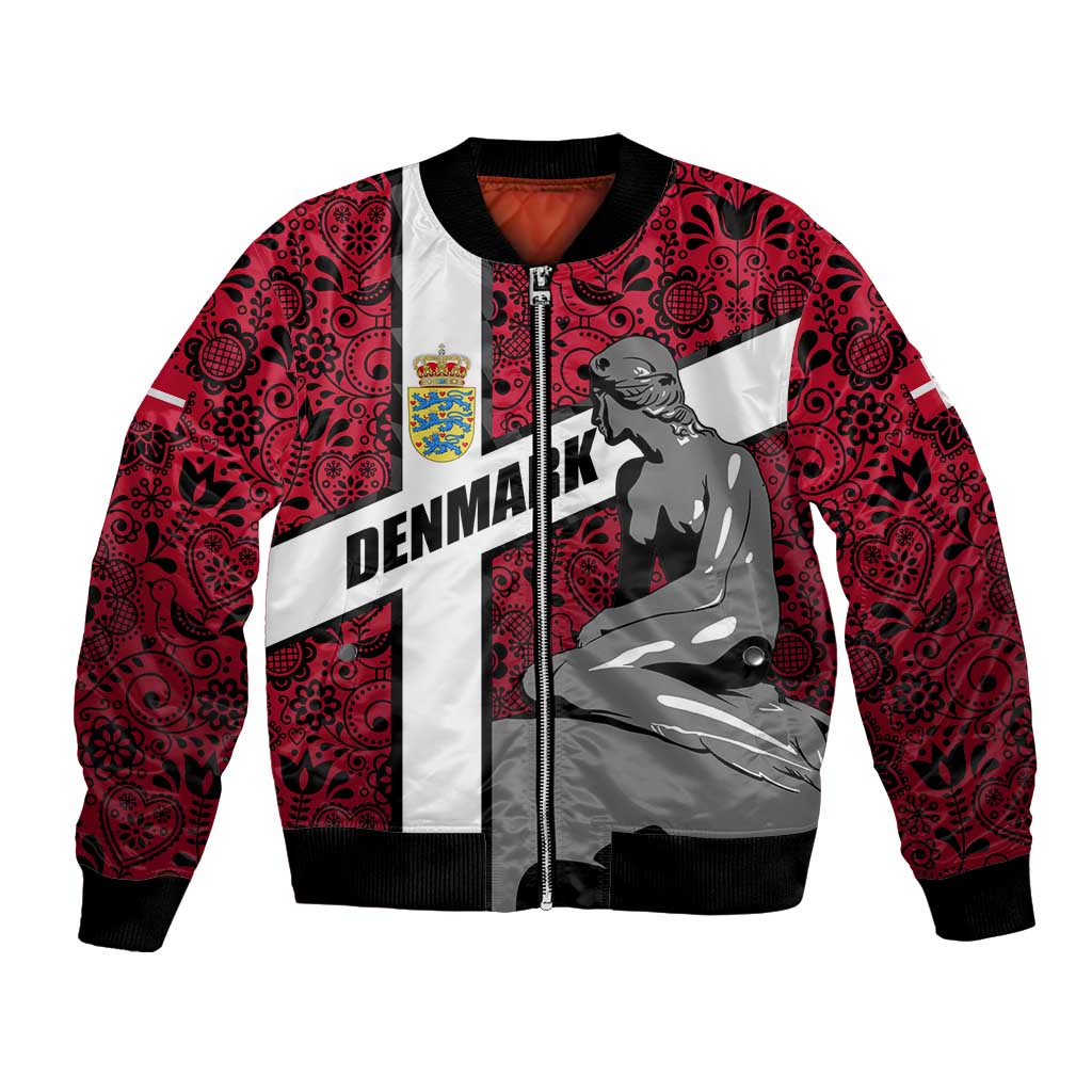 Denmark Bomber Jacket with The Little Mermaid Statue, Danish Folk Patterns, National Heritage Pride