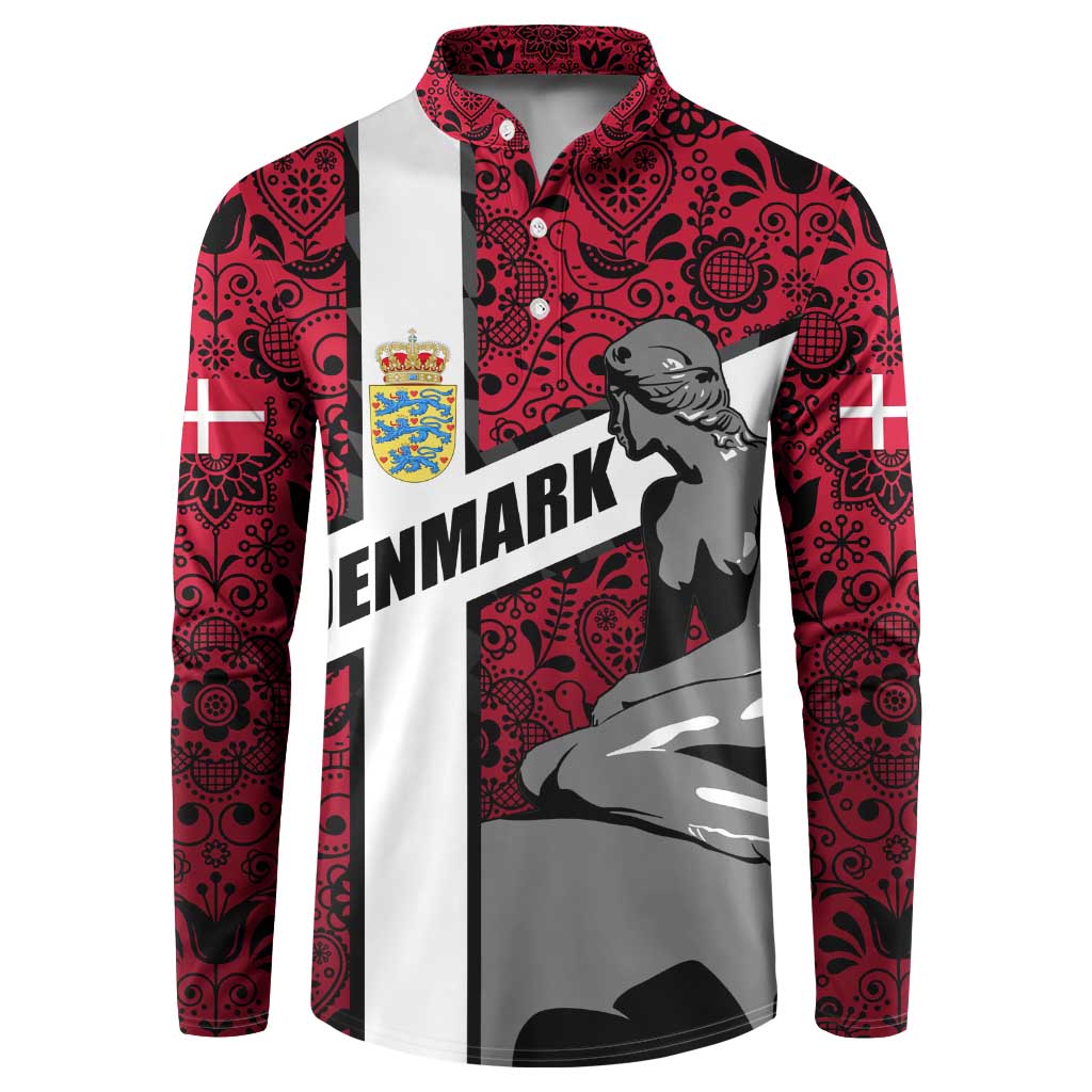 Denmark Button Sweatshirt with The Little Mermaid Statue, Danish Folk Patterns, National Heritage Pride