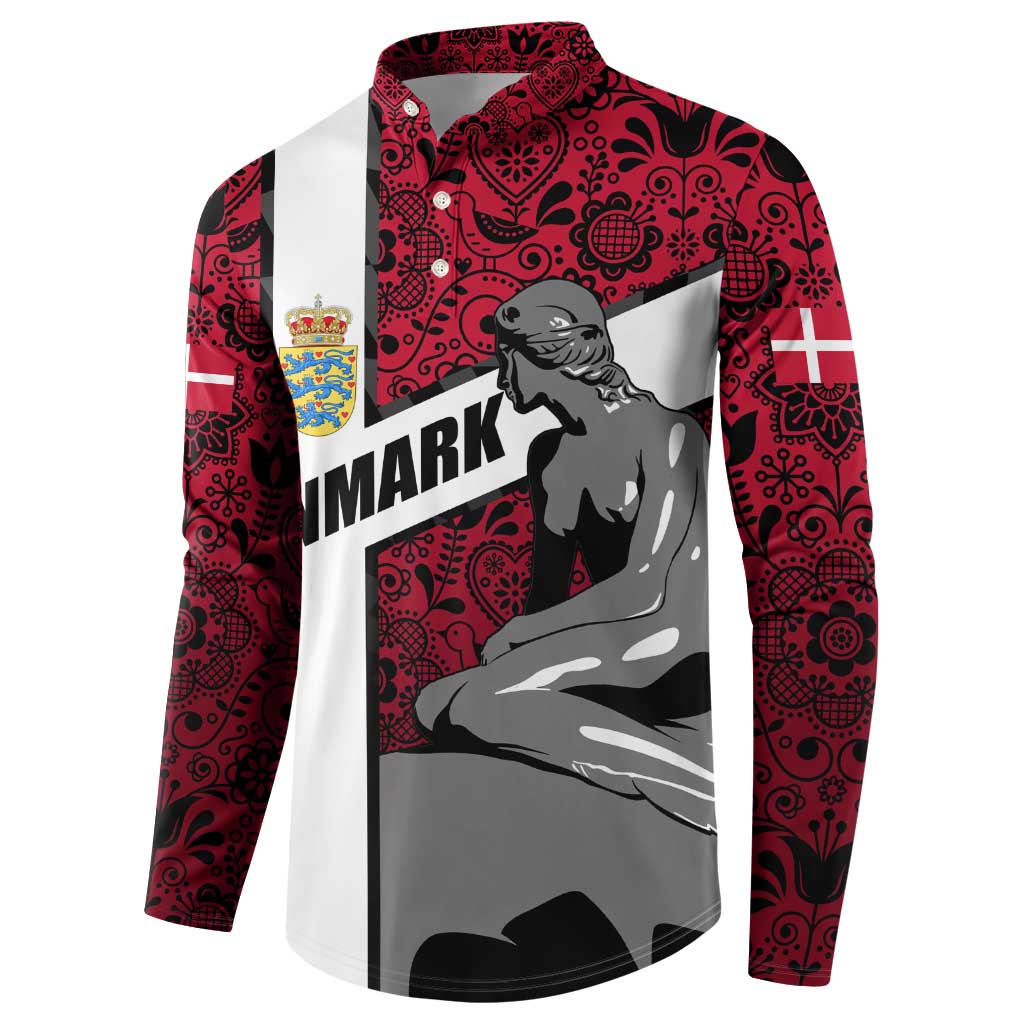Denmark Button Sweatshirt with The Little Mermaid Statue, Danish Folk Patterns, National Heritage Pride