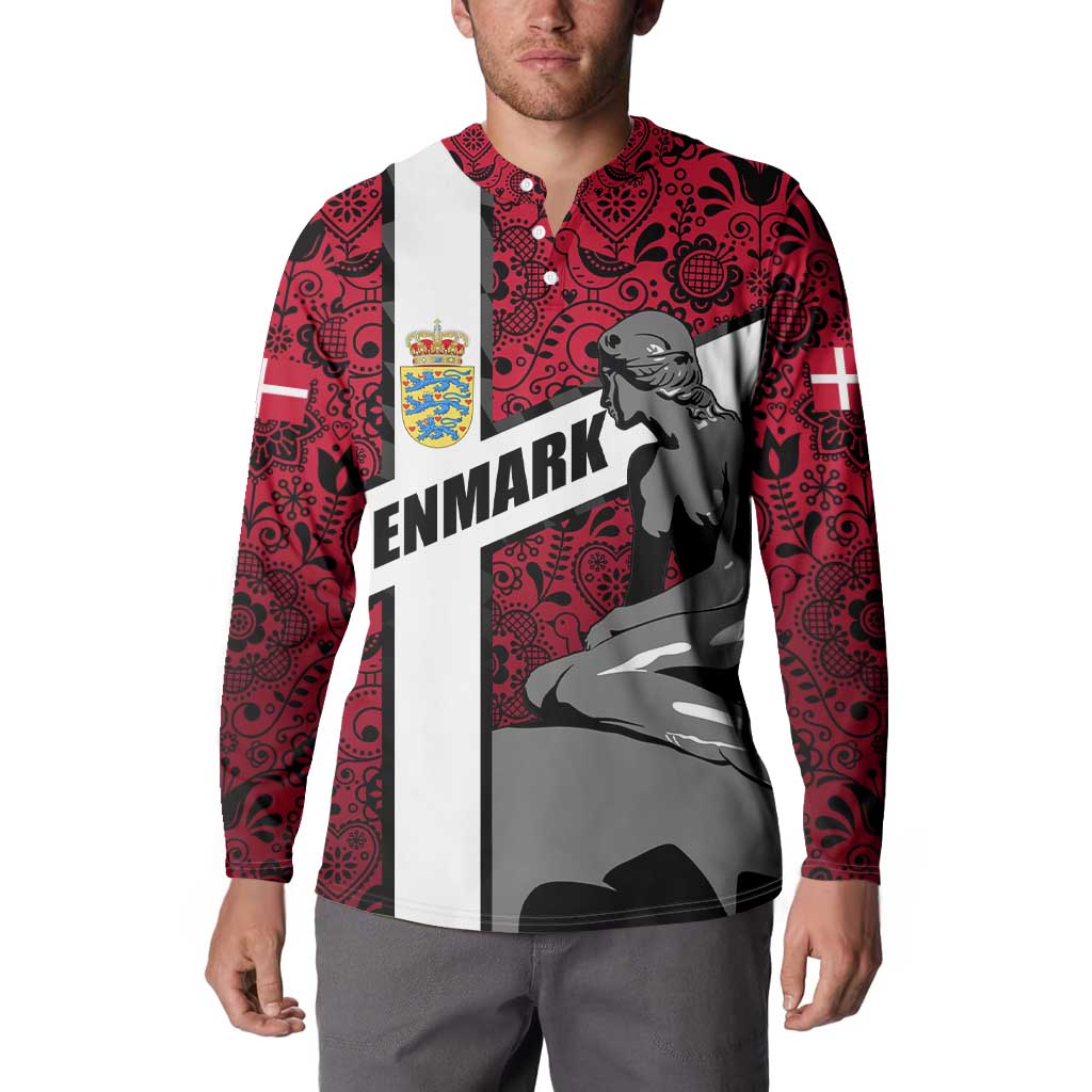 Denmark Button Sweatshirt with The Little Mermaid Statue, Danish Folk Patterns, National Heritage Pride