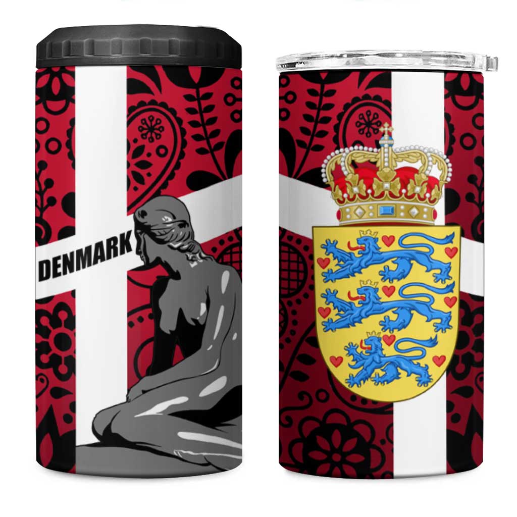 Denmark 4 in 1 Can Cooler Tumbler with The Little Mermaid Statue, Danish Folk Patterns, National Heritage Pride