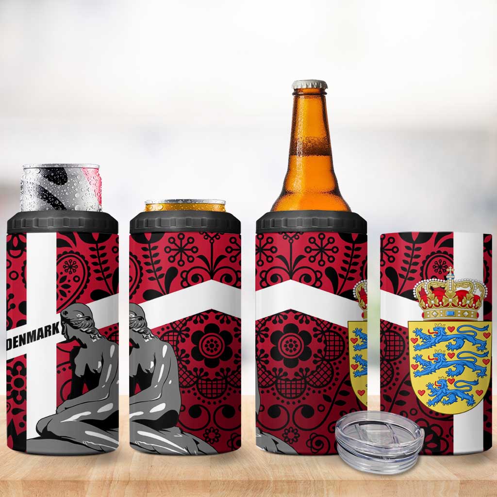 Denmark 4 in 1 Can Cooler Tumbler with The Little Mermaid Statue, Danish Folk Patterns, National Heritage Pride
