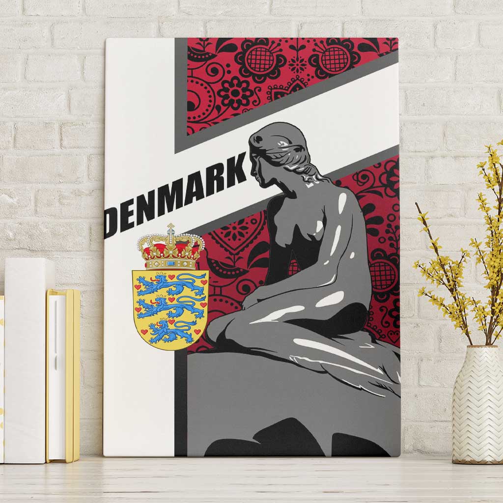 Denmark Canvas Wall Art with The Little Mermaid Statue, Danish Folk Patterns, National Heritage Pride
