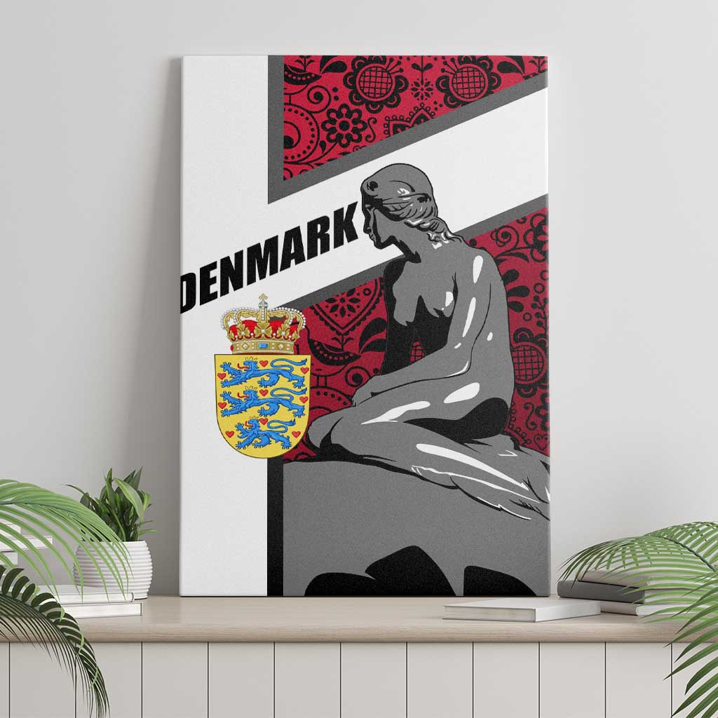 Denmark Canvas Wall Art with The Little Mermaid Statue, Danish Folk Patterns, National Heritage Pride