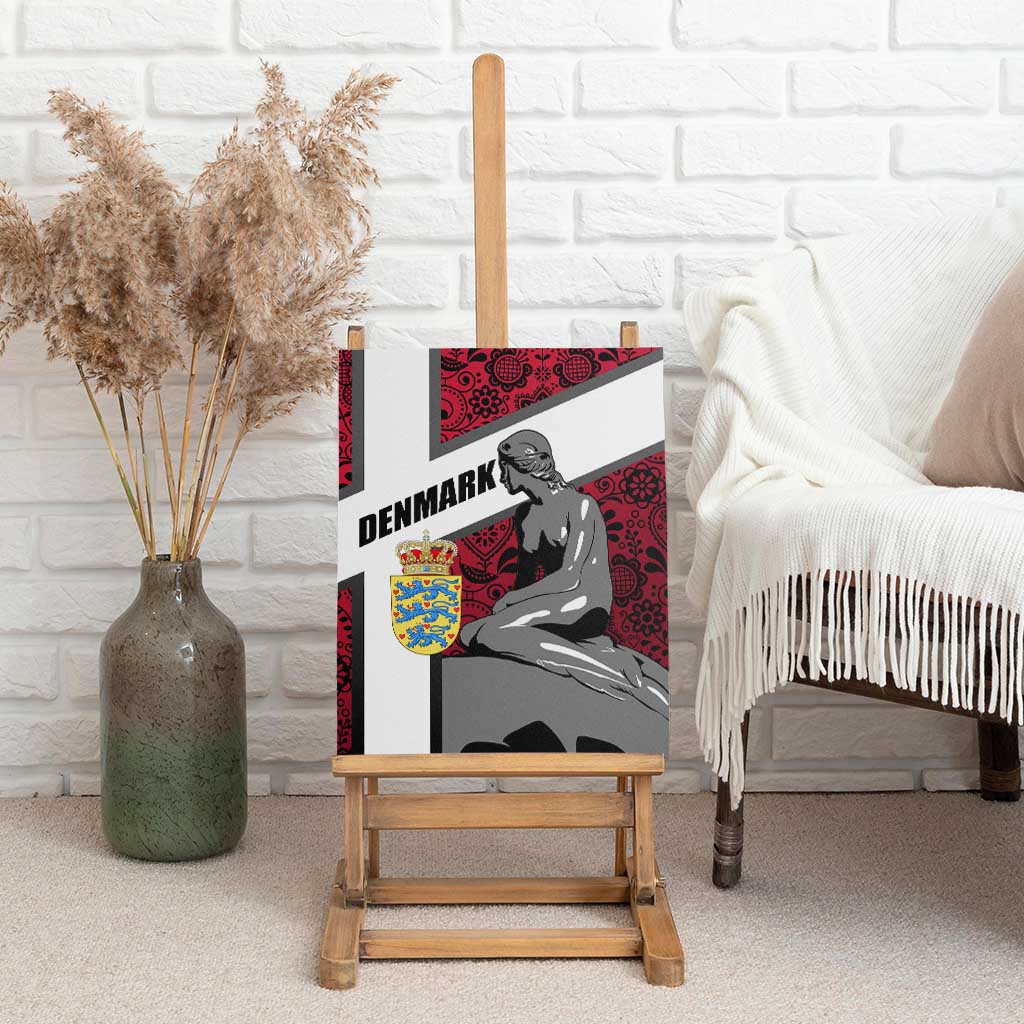 Denmark Canvas Wall Art with The Little Mermaid Statue, Danish Folk Patterns, National Heritage Pride