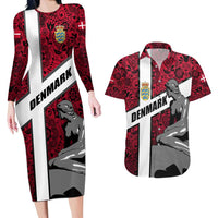 Denmark Couples Matching Long Sleeve Bodycon Dress and Hawaiian Shirt with The Little Mermaid Statue, Danish Folk Patterns, National Heritage Pride