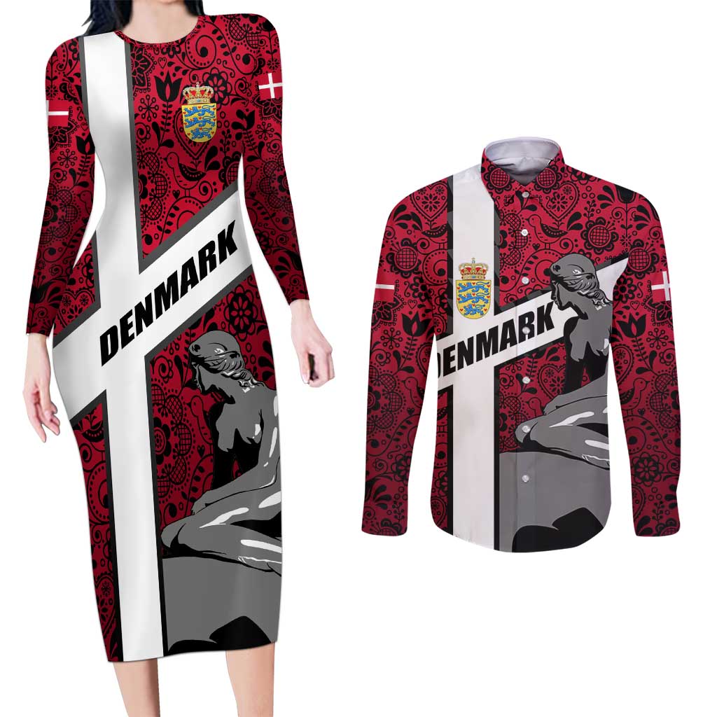 Denmark Couples Matching Long Sleeve Bodycon Dress and Long Sleeve Button Shirt with The Little Mermaid Statue, Danish Folk Patterns, National Heritage Pride