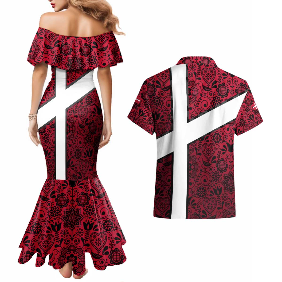Denmark Couples Matching Mermaid Dress and Hawaiian Shirt with The Little Mermaid Statue, Danish Folk Patterns, National Heritage Pride