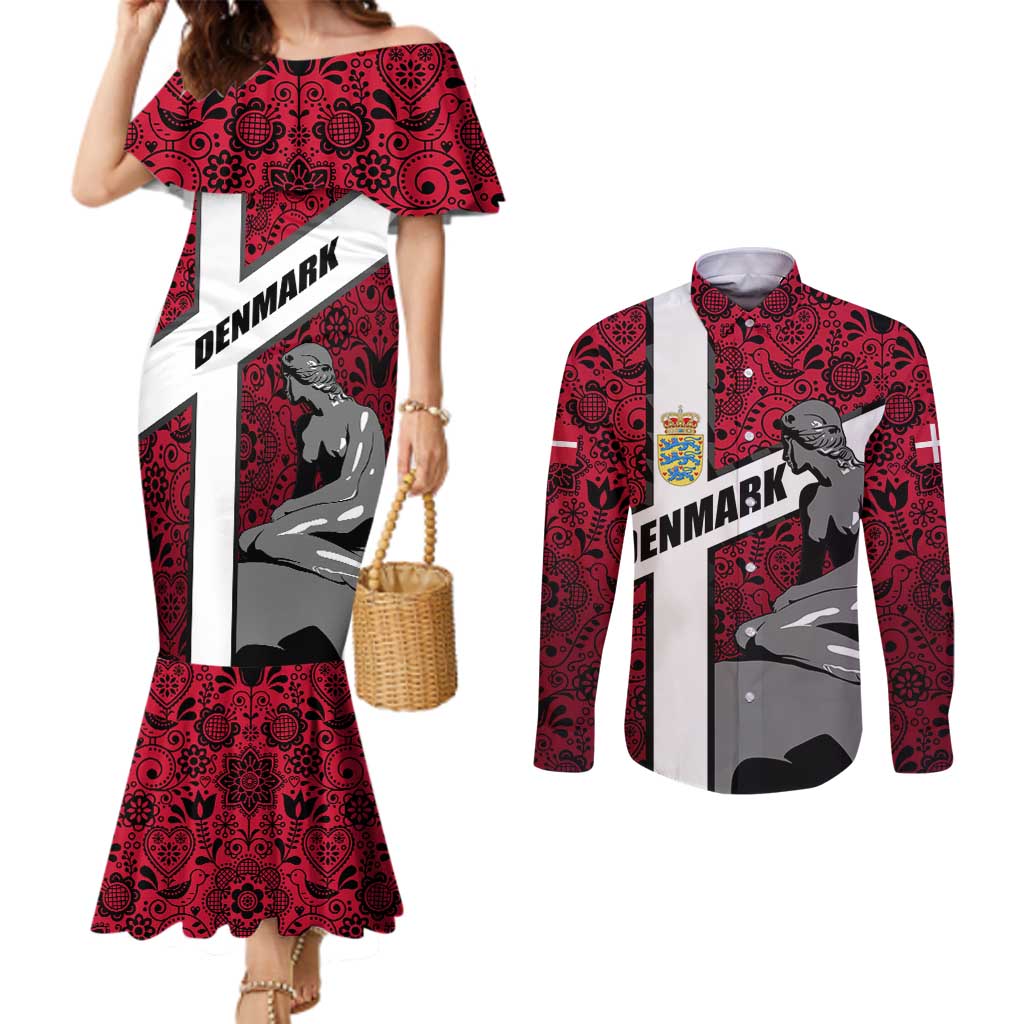 Denmark Couples Matching Mermaid Dress and Long Sleeve Button Shirt with The Little Mermaid Statue, Danish Folk Patterns, National Heritage Pride