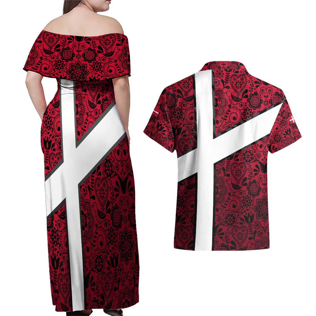Denmark Couples Matching Off Shoulder Maxi Dress and Hawaiian Shirt with The Little Mermaid Statue, Danish Folk Patterns, National Heritage Pride
