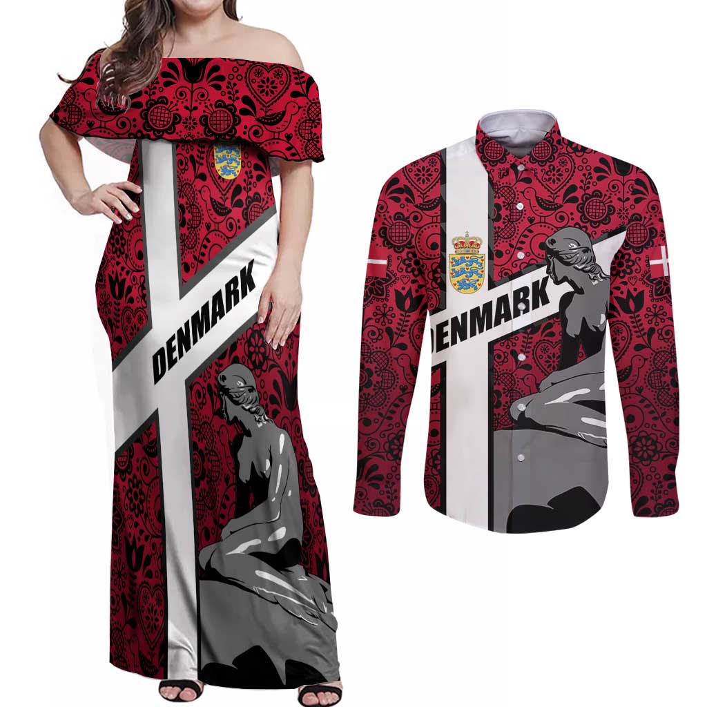 Denmark Couples Matching Off Shoulder Maxi Dress and Long Sleeve Button Shirt with The Little Mermaid Statue, Danish Folk Patterns, National Heritage Pride