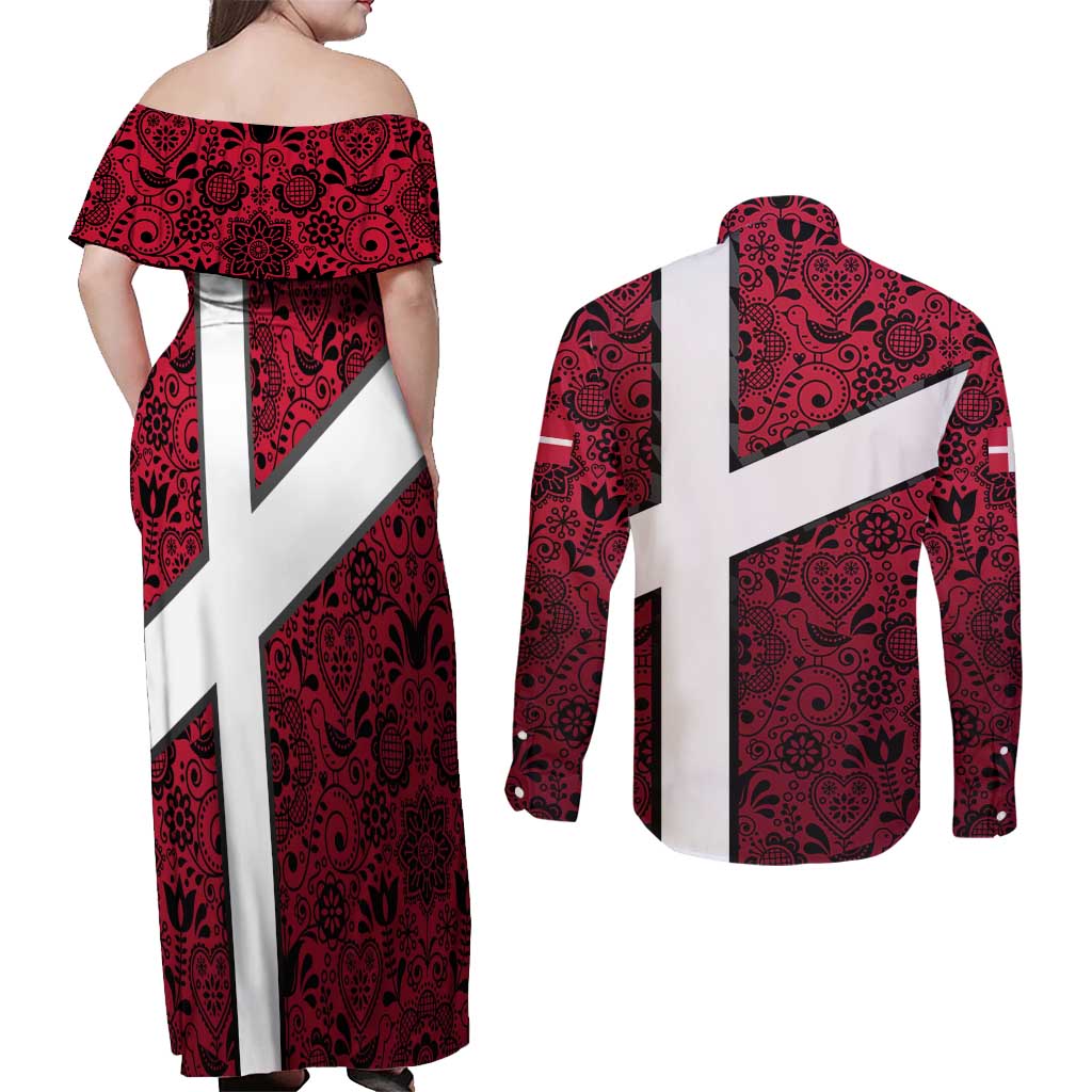 Denmark Couples Matching Off Shoulder Maxi Dress and Long Sleeve Button Shirt with The Little Mermaid Statue, Danish Folk Patterns, National Heritage Pride