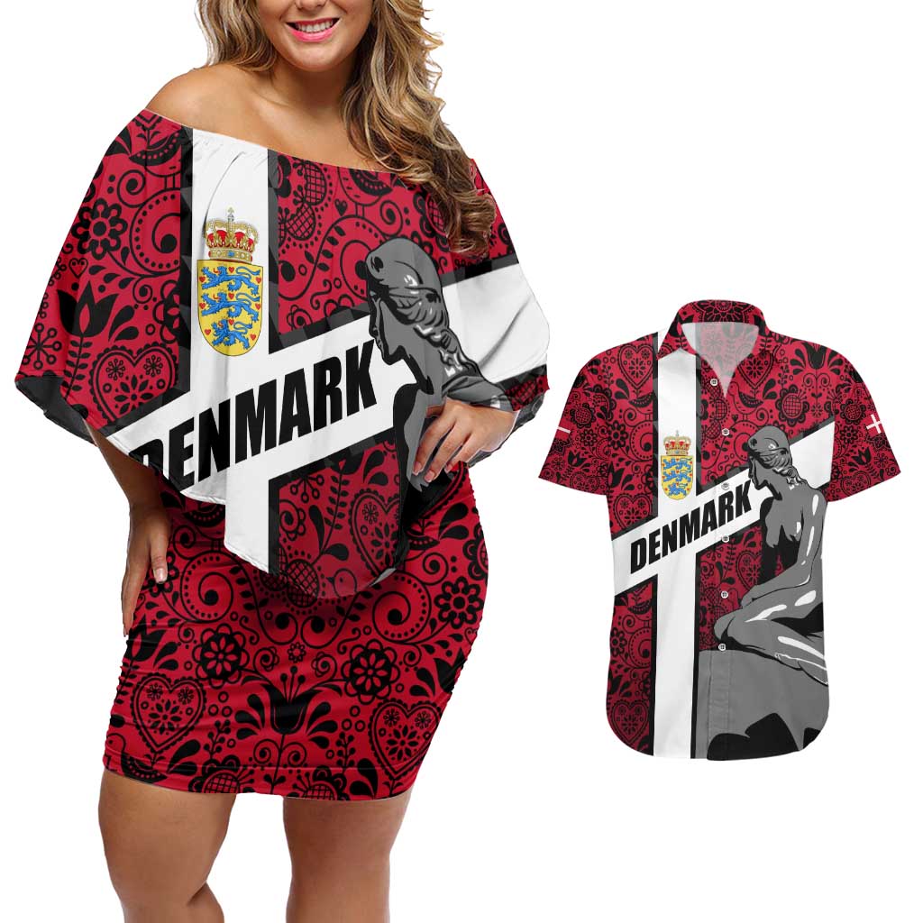 Denmark Couples Matching Off Shoulder Short Dress and Hawaiian Shirt with The Little Mermaid Statue, Danish Folk Patterns, National Heritage Pride