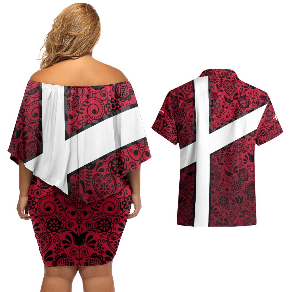 Denmark Couples Matching Off Shoulder Short Dress and Hawaiian Shirt with The Little Mermaid Statue, Danish Folk Patterns, National Heritage Pride