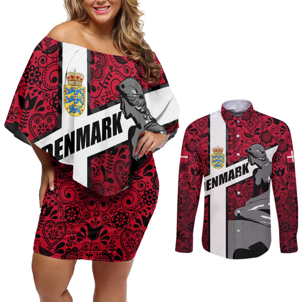 Denmark Couples Matching Off Shoulder Short Dress and Long Sleeve Button Shirt with The Little Mermaid Statue, Danish Folk Patterns, National Heritage Pride