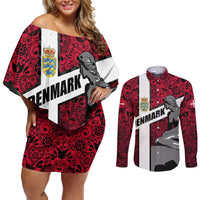 Denmark Couples Matching Off Shoulder Short Dress and Long Sleeve Button Shirt with The Little Mermaid Statue, Danish Folk Patterns, National Heritage Pride