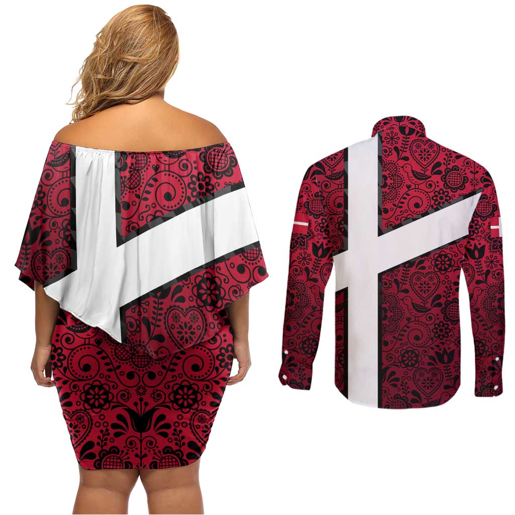 Denmark Couples Matching Off Shoulder Short Dress and Long Sleeve Button Shirt with The Little Mermaid Statue, Danish Folk Patterns, National Heritage Pride