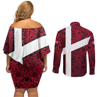 Denmark Couples Matching Off Shoulder Short Dress and Long Sleeve Button Shirt with The Little Mermaid Statue, Danish Folk Patterns, National Heritage Pride