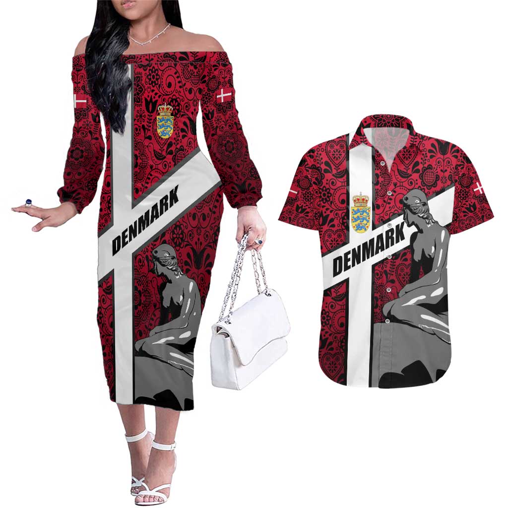 Denmark Couples Matching Off The Shoulder Long Sleeve Dress and Hawaiian Shirt with The Little Mermaid Statue, Danish Folk Patterns, National Heritage Pride