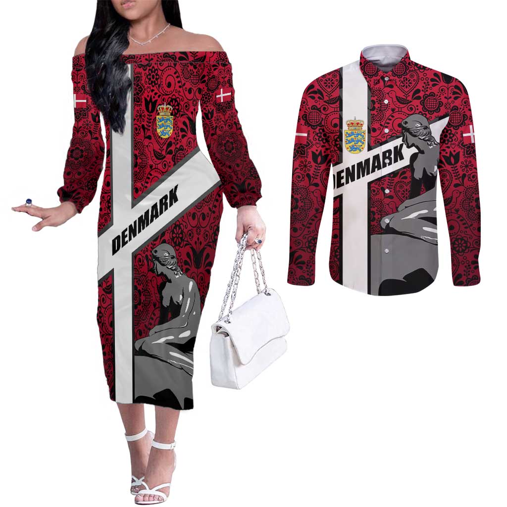 Denmark Couples Matching Off The Shoulder Long Sleeve Dress and Long Sleeve Button Shirt with The Little Mermaid Statue, Danish Folk Patterns, National Heritage Pride