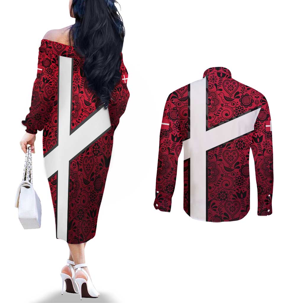 Denmark Couples Matching Off The Shoulder Long Sleeve Dress and Long Sleeve Button Shirt with The Little Mermaid Statue, Danish Folk Patterns, National Heritage Pride
