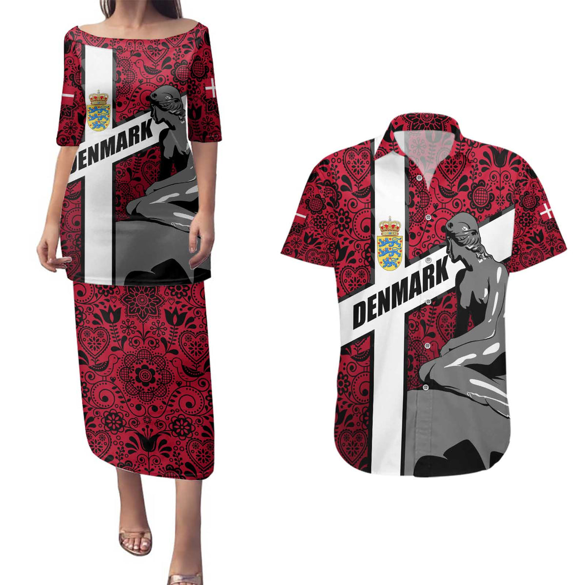 Denmark Couples Matching Puletasi and Hawaiian Shirt with The Little Mermaid Statue, Danish Folk Patterns, National Heritage Pride