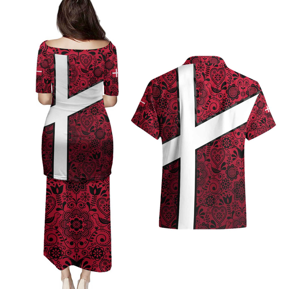 Denmark Couples Matching Puletasi and Hawaiian Shirt with The Little Mermaid Statue, Danish Folk Patterns, National Heritage Pride