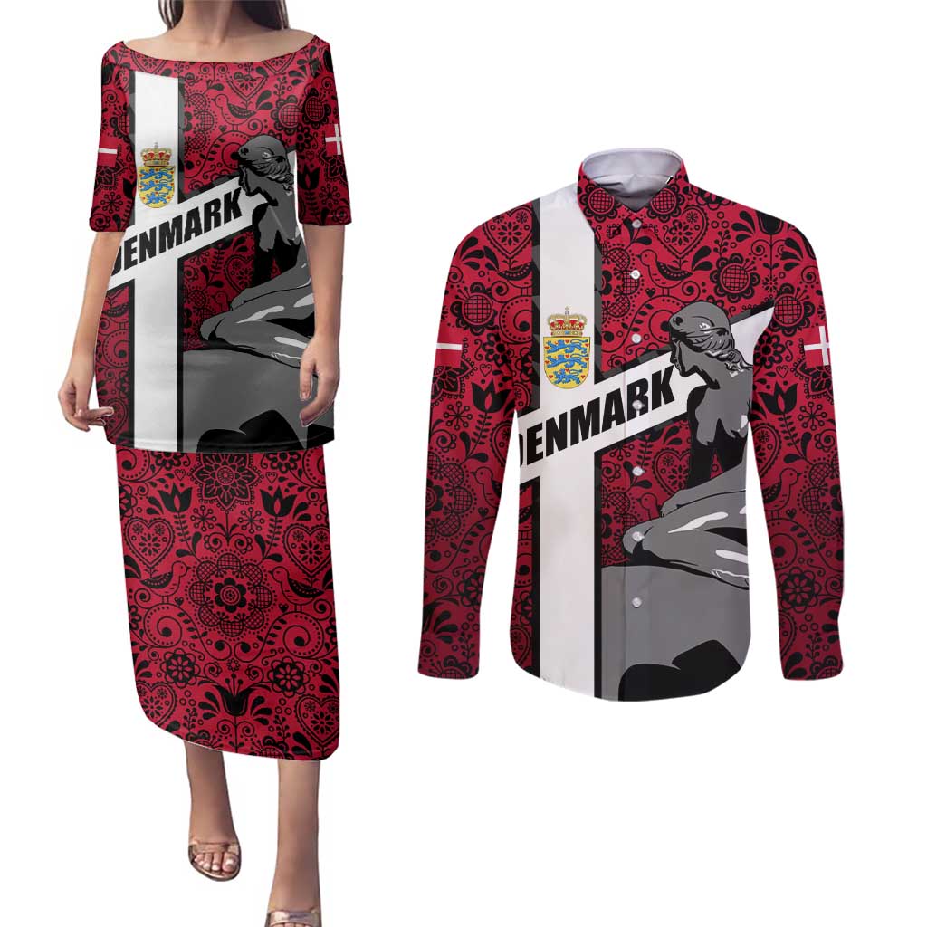 Denmark Couples Matching Puletasi and Long Sleeve Button Shirt with The Little Mermaid Statue, Danish Folk Patterns, National Heritage Pride
