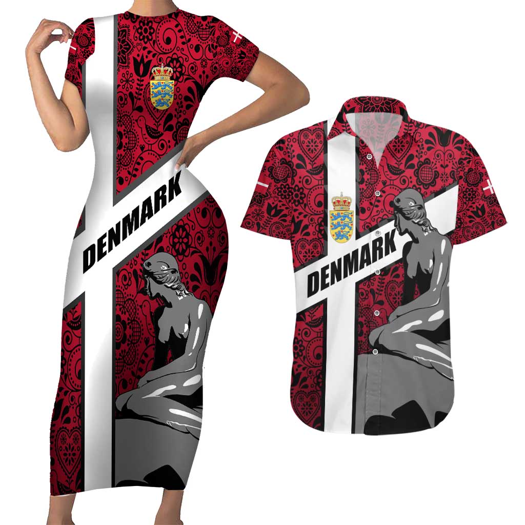 Denmark Couples Matching Short Sleeve Bodycon Dress and Hawaiian Shirt with The Little Mermaid Statue, Danish Folk Patterns, National Heritage Pride