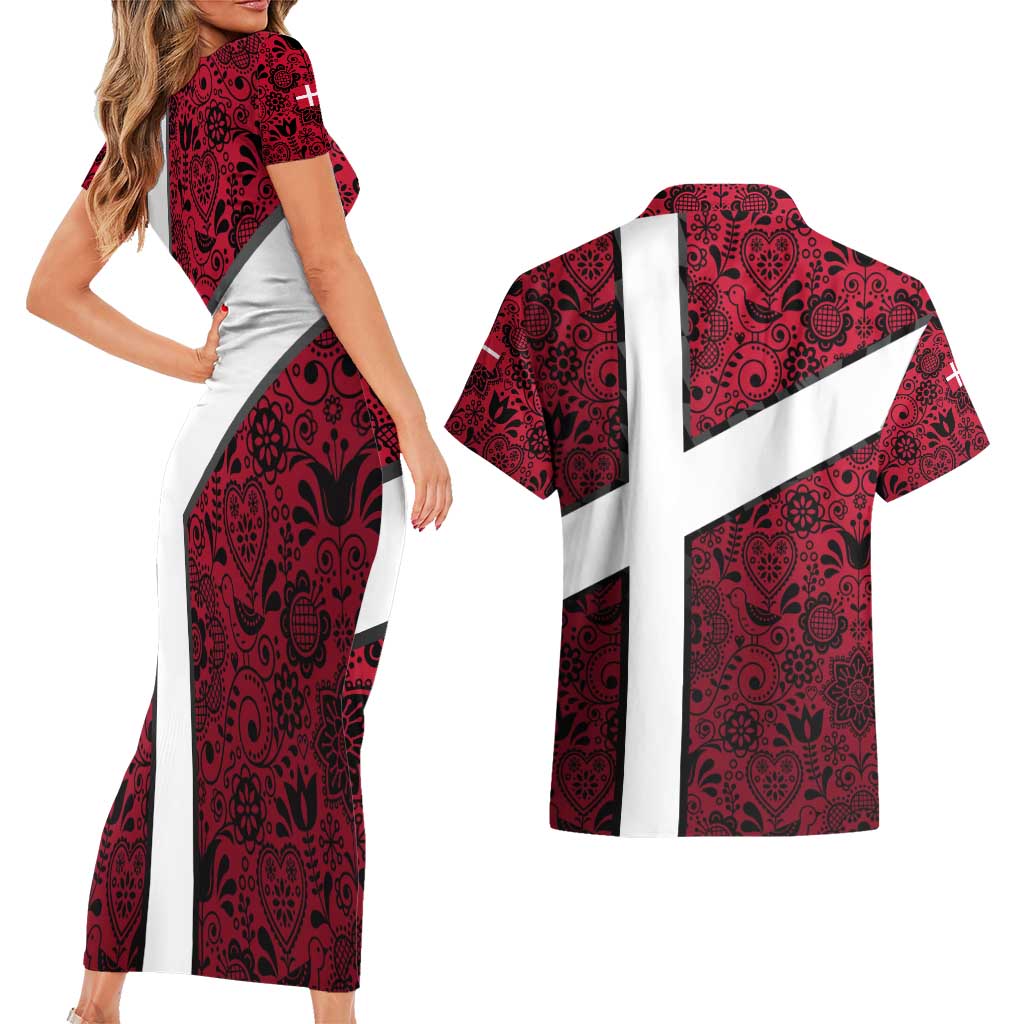 Denmark Couples Matching Short Sleeve Bodycon Dress and Hawaiian Shirt with The Little Mermaid Statue, Danish Folk Patterns, National Heritage Pride