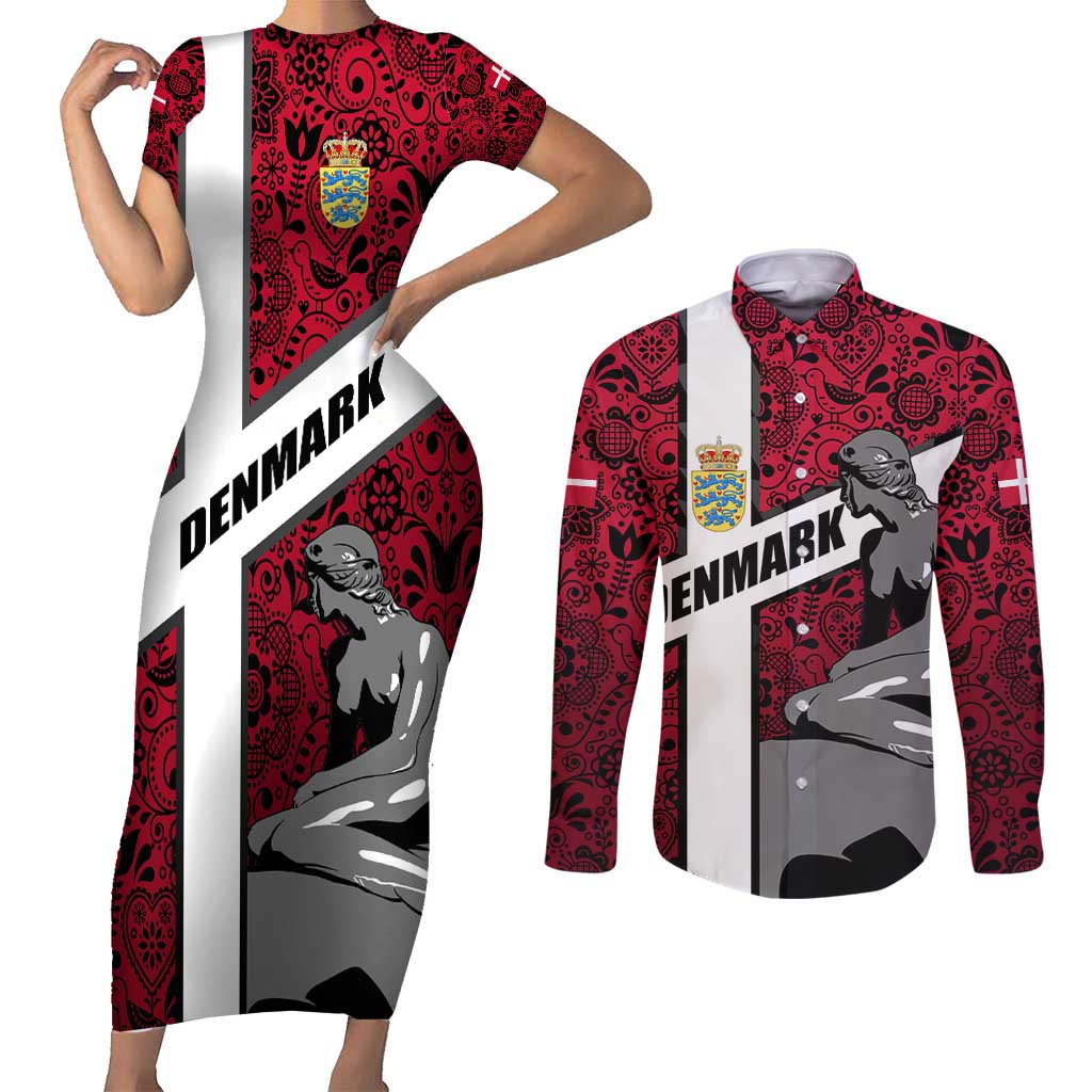 Denmark Couples Matching Short Sleeve Bodycon Dress and Long Sleeve Button Shirt with The Little Mermaid Statue, Danish Folk Patterns, National Heritage Pride