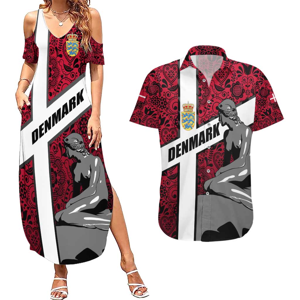 Denmark Couples Matching Summer Maxi Dress and Hawaiian Shirt with The Little Mermaid Statue, Danish Folk Patterns, National Heritage Pride