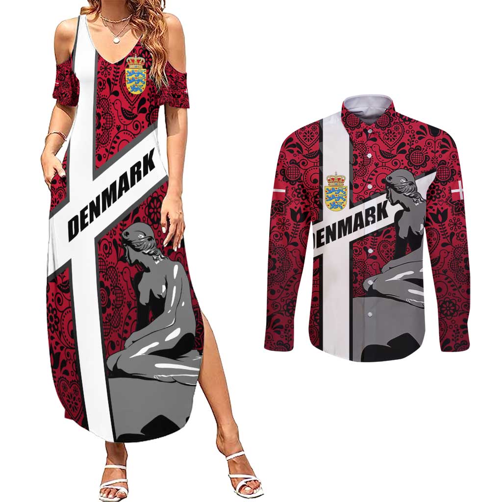 Denmark Couples Matching Summer Maxi Dress and Long Sleeve Button Shirt with The Little Mermaid Statue, Danish Folk Patterns, National Heritage Pride
