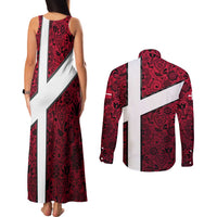 Denmark Couples Matching Tank Maxi Dress and Long Sleeve Button Shirt with The Little Mermaid Statue, Danish Folk Patterns, National Heritage Pride