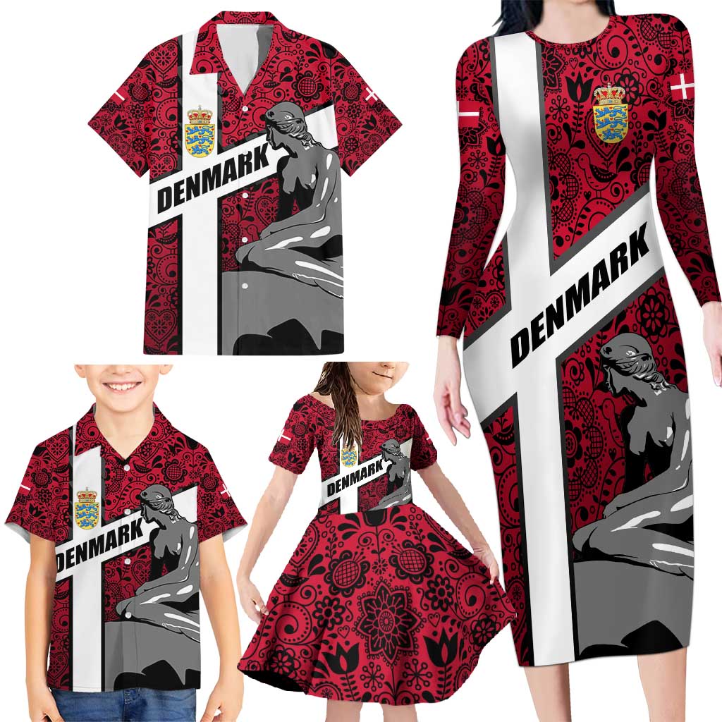 Denmark Family Matching Long Sleeve Bodycon Dress and Hawaiian Shirt with The Little Mermaid Statue, Danish Folk Patterns, National Heritage Pride