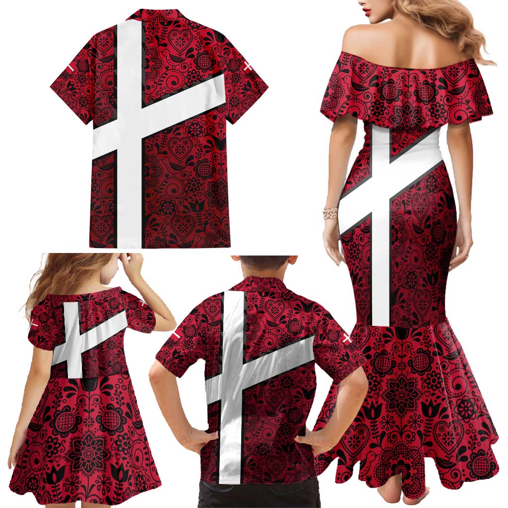 Denmark Family Matching Mermaid Dress and Hawaiian Shirt with The Little Mermaid Statue, Danish Folk Patterns, National Heritage Pride