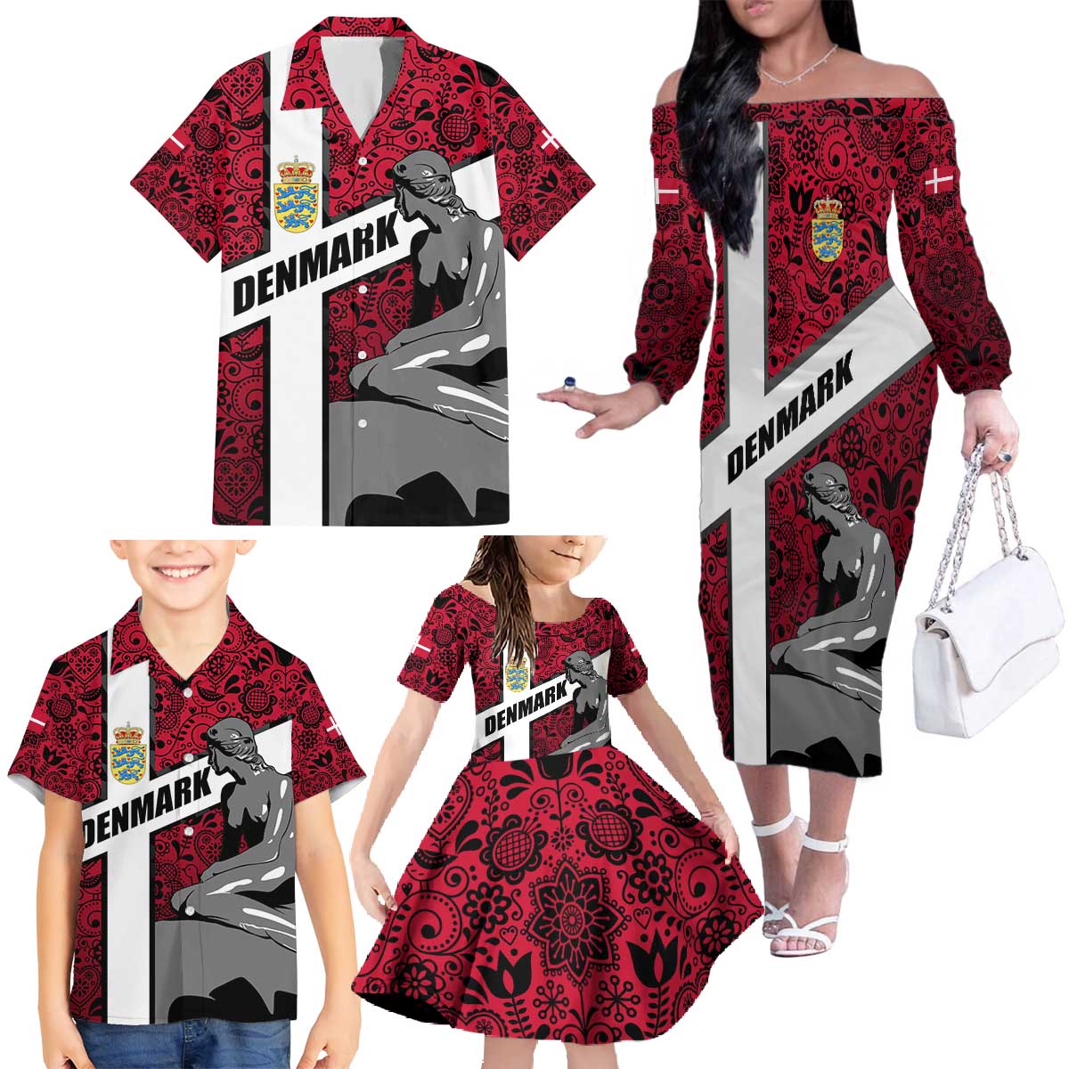 Denmark Family Matching Off The Shoulder Long Sleeve Dress and Hawaiian Shirt with The Little Mermaid Statue, Danish Folk Patterns, National Heritage Pride