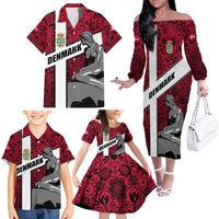 Denmark Family Matching Off The Shoulder Long Sleeve Dress and Hawaiian Shirt with The Little Mermaid Statue, Danish Folk Patterns, National Heritage Pride