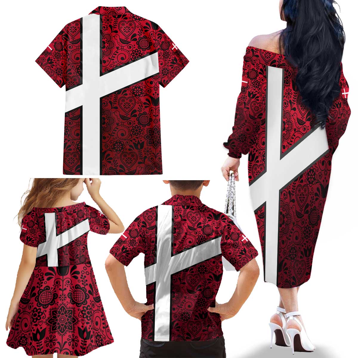 Denmark Family Matching Off The Shoulder Long Sleeve Dress and Hawaiian Shirt with The Little Mermaid Statue, Danish Folk Patterns, National Heritage Pride