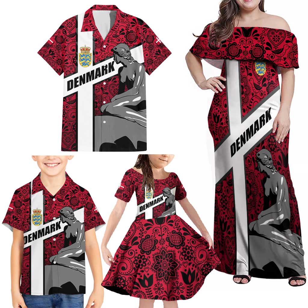 Denmark Family Matching Off Shoulder Maxi Dress and Hawaiian Shirt with The Little Mermaid Statue, Danish Folk Patterns, National Heritage Pride