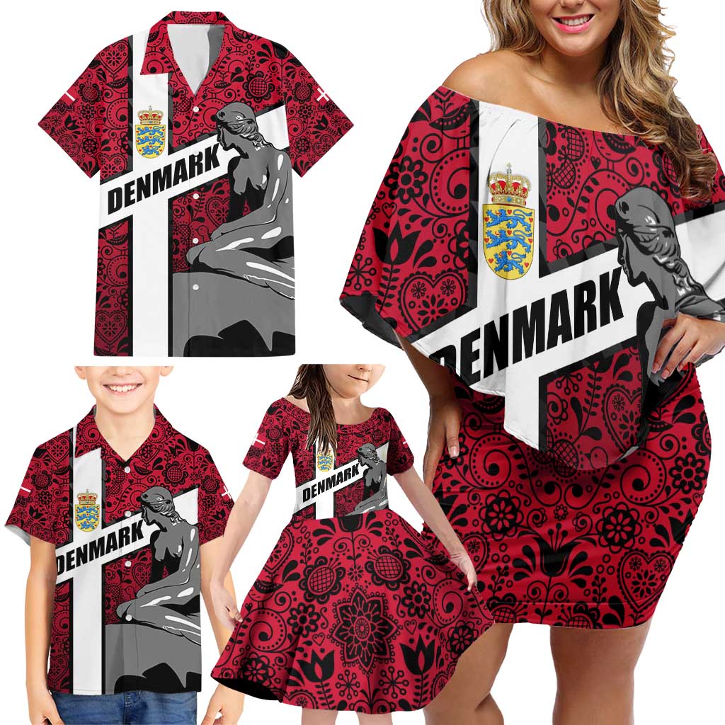 Denmark Family Matching Off Shoulder Short Dress and Hawaiian Shirt with The Little Mermaid Statue, Danish Folk Patterns, National Heritage Pride