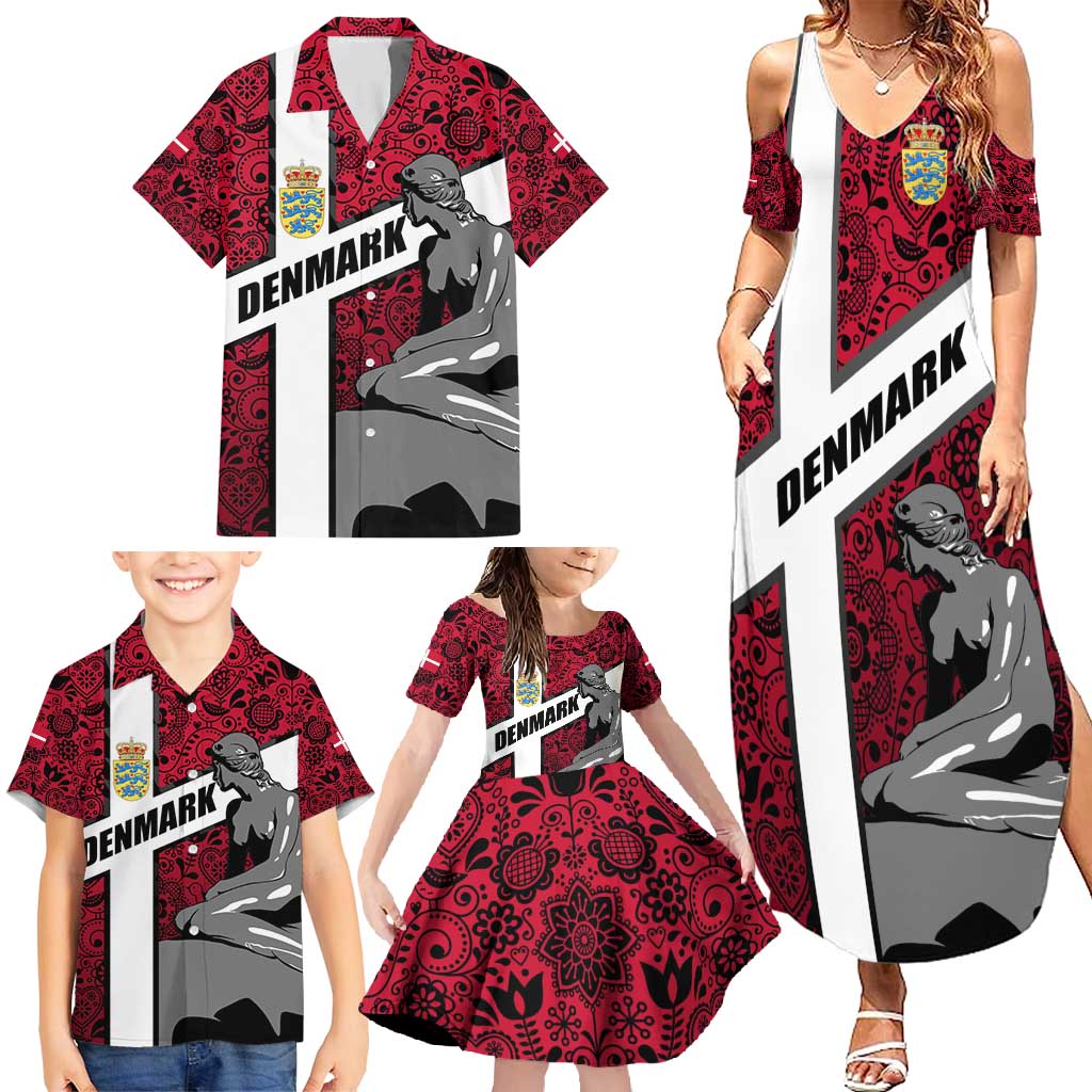 Denmark Family Matching Summer Maxi Dress and Hawaiian Shirt with The Little Mermaid Statue, Danish Folk Patterns, National Heritage Pride