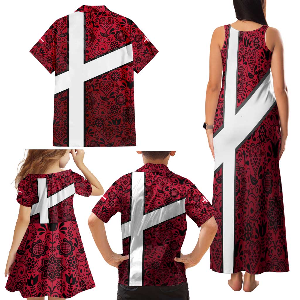 Denmark Family Matching Tank Maxi Dress and Hawaiian Shirt with The Little Mermaid Statue, Danish Folk Patterns, National Heritage Pride