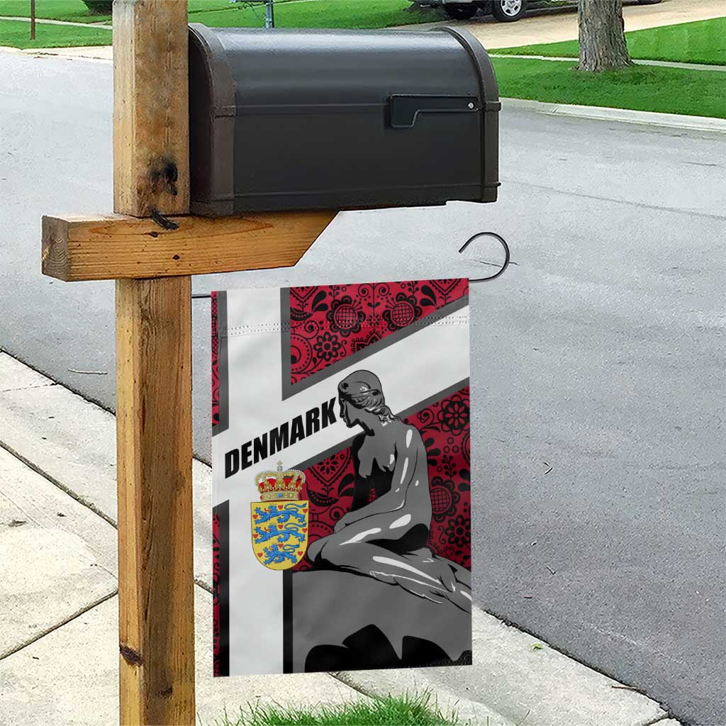 Denmark Garden Flag with The Little Mermaid Statue, Danish Folk Patterns, National Heritage Pride