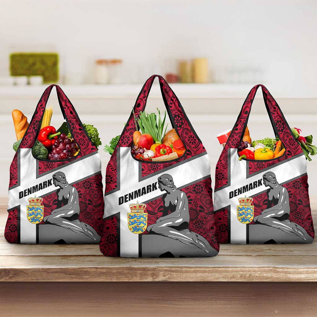 Denmark Grocery Bag with The Little Mermaid Statue, Danish Folk Patterns, National Heritage Pride