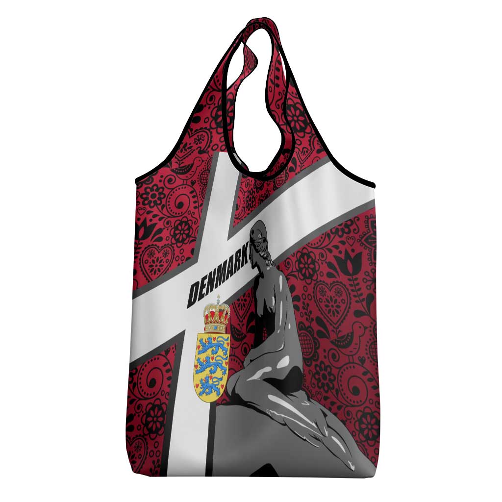 Denmark Grocery Bag with The Little Mermaid Statue, Danish Folk Patterns, National Heritage Pride