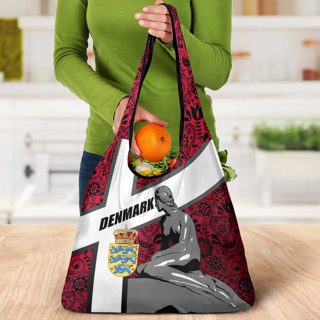 Denmark Grocery Bag with The Little Mermaid Statue, Danish Folk Patterns, National Heritage Pride