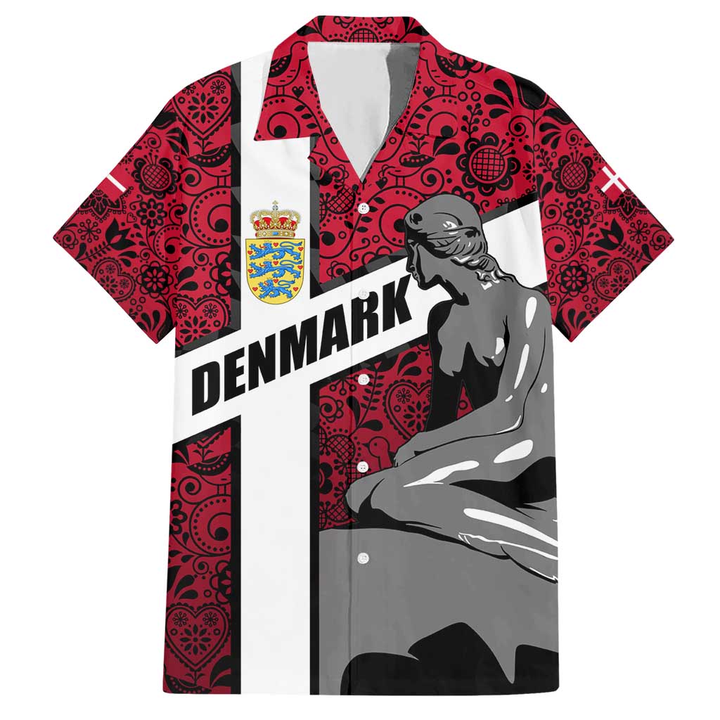 Denmark Hawaiian Shirt with The Little Mermaid Statue, Danish Folk Patterns, National Heritage Pride
